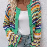 Women Striped Sweater Loose Rainbow Knit Sweater Button Cardigan