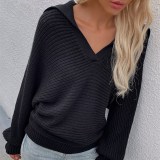 Women V Neck Pure Color Knit Collar Pullover Sweater