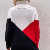 Women Stitching Knitted Pullover Check Loose Sweater