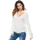 Women Deep V Neck Choker Knitted Pullover Sweater Tops