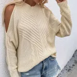 Women Pure Color Off Shoulder Knit Long-Sleeved Thick Needle Round Neck Sweater