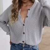 Women V Neck Pure Color Loose Knit Cardigan Sweater with Button