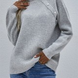 Women Pullover Loose Button V Neck Sweater Lotus Leaf-Neck Sweater