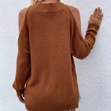 Women Pure Color Off Shoulder Knit Long-Sleeved Thick Needle Round Neck Sweater