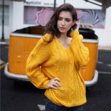 Women OL Sweater Twisted Rope Pure Color Loose Round Neck Sweater