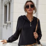 Women Button Up V Neck Pullover Hooded Knit Sweater