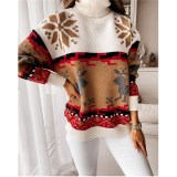 Women Ugly Christmas Elk Snowflakes Jacquard Knitted Pullover High Collar Sweater