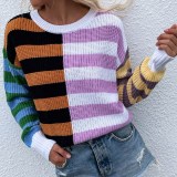 Women Striped Loose Round Neck Pullover Sweater 3 Color Matching Sweater