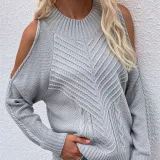 Women Pure Color Off Shoulder Knit Long-Sleeved Thick Needle Round Neck Sweater