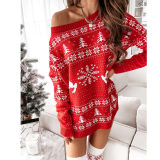 Women Ugly Christmas Snowflakes Trees Jacquard Loose Knitted Sweater