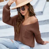 Women V Neck Pure Color Loose Knitted Pullover Sweater