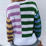 Women Striped Loose Round Neck Pullover Sweater 3 Color Matching Sweater