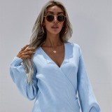 Women Crossover V Neck Solid Color Sweater Loose Sweater