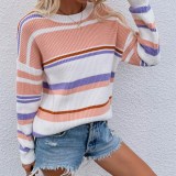 Women Round Neck Striped Knitted Pullover Sweater