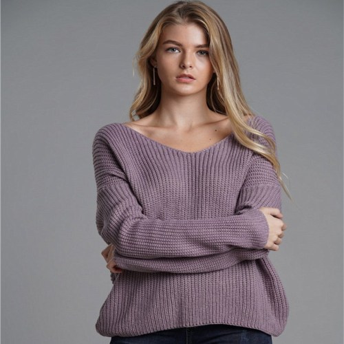 Women Knit Sweater Round Neck Pullover Open Back Cross Sweater