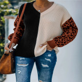 Women V Neck Sweater Stitching Leopard Pullover Sweater