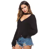 Women Deep V Neck Choker Knitted Pullover Sweater Tops