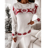 Women Christmas Elk Partial Jacquard Knitted Pullover Sweater Tops