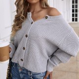 Women V Neck Pure Color Loose Knit Cardigan Sweater with Button