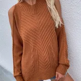 Women Pure Color Off Shoulder Knit Long-Sleeved Thick Needle Round Neck Sweater