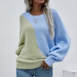 Women Bat Sleeve Color Block Round Neck Sweater Pullover Sweater