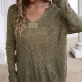 Women V Neck Knitted Loose Pure Color Fashion Pullover Sweater