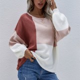 Women Round Neck Pullover With Back Tie Solid Color Knitted Stitching Sweater