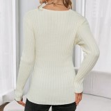 Women Pure Color OL Commuter Knit V Neck Pullover Cross Sweater