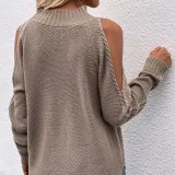 Women Pure Color Off Shoulder Knit Long-Sleeved Thick Needle Round Neck Sweater