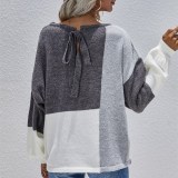 Women Round Neck Pullover With Back Tie Solid Color Knitted Stitching Sweater