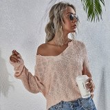 Women V Neck Knitted Loose Pure Color Fashion Pullover Sweater