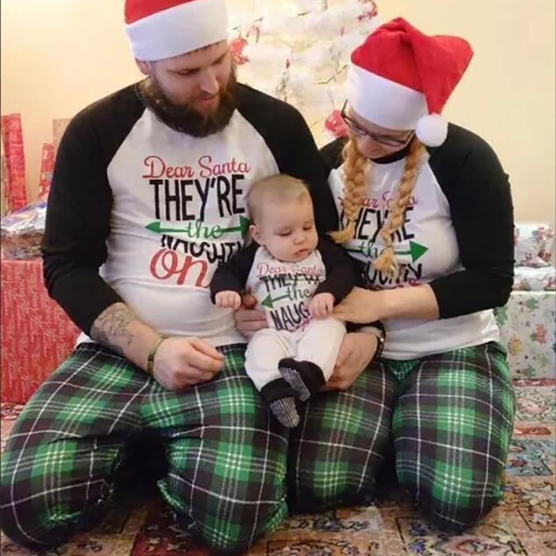 Christmas Family Matching Sleepwear Pajamas Sets White Printing Letter Top and Green Plaid Pants