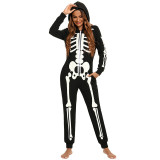 Halloween Family Matching Pajamas Cosplay Costume Cozy Skeleton Print Zip Up Hoodie Jumpsuits Romper