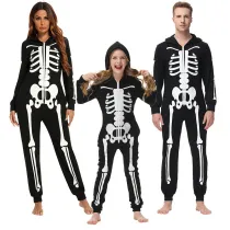 Halloween Family Matching Pajamas Cosplay Costume Cozy Skeleton Print Zip Up Hoodie Jumpsuits Romper