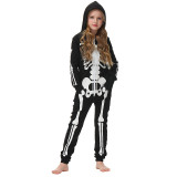 Halloween Family Matching Pajamas Cosplay Costume Cozy Skeleton Print Zip Up Hoodie Jumpsuits Romper