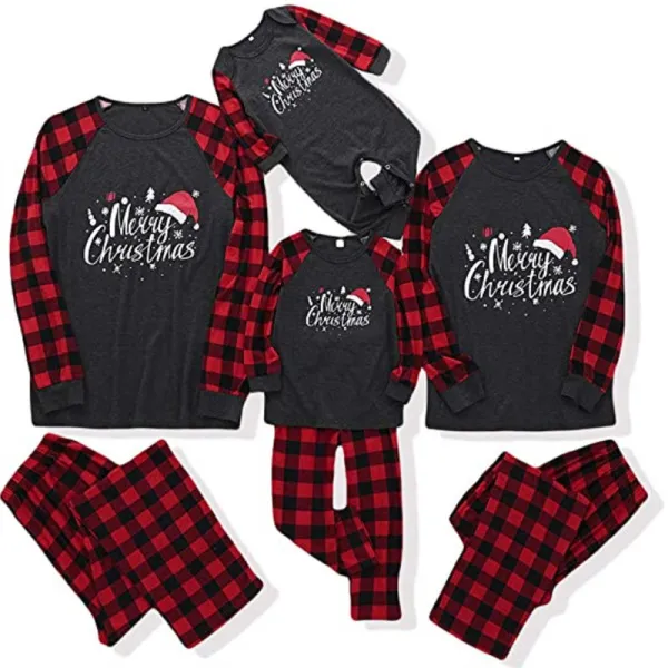 Christmas Family Matching Pajamas Set Merry Christmas Black Top and Red Plaids Pants