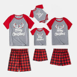 Christmas Family Matching Sleepwear Pajamas Sets Merry Christmas Slogan Antler Grey T-shirt And Red Plaids Short Pants
