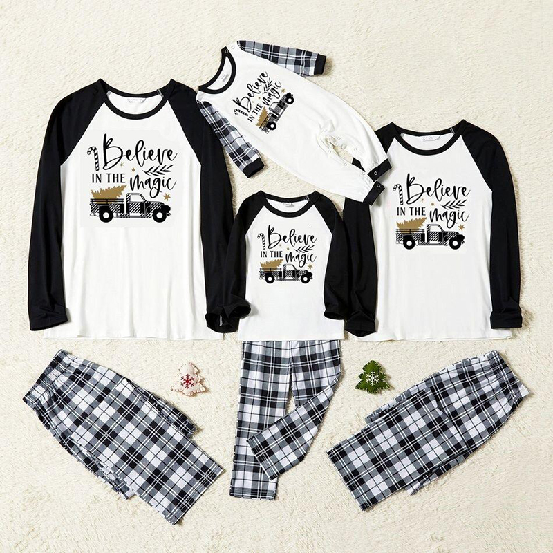 Plus Size Christmas Family Matching Sleepwear Pajamas Sets Believe In Magic Trees Car Tops And Plaids Pants
