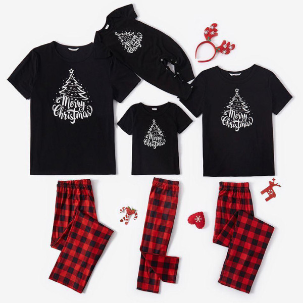 Christmas Family Matching Sleepwear Pajamas Sets Merry Christmas Slogan Trees T-shirt And Red Plaids Long Pants