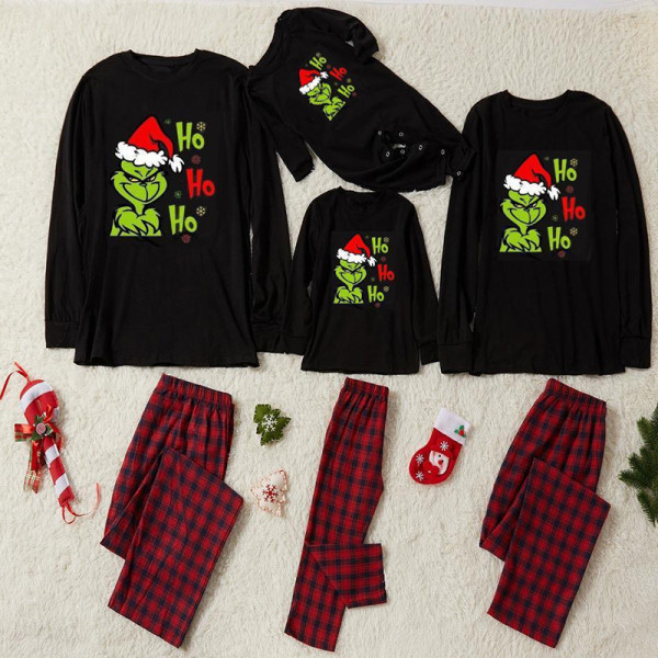 Christmas Family Matching Sleepwear Pajamas Sets Hohoho Slogan Tops And Plaids Pants