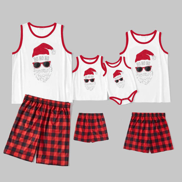 Christmas Family Matching Sleepwear Pajamas Sets Hohoho Slogan Cool Santa Sleeveless Tops And Red Plaids Short Pants