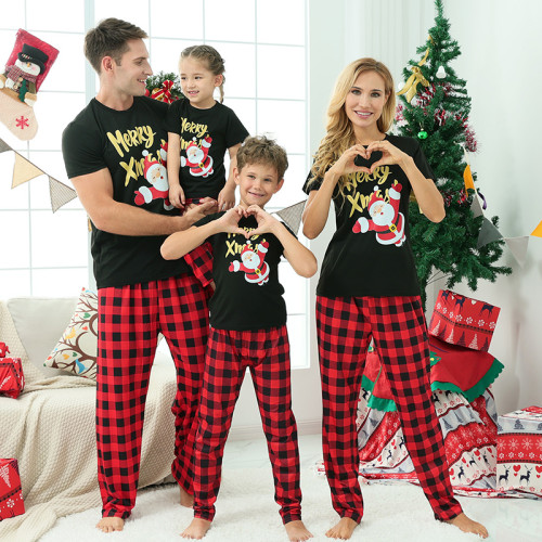Christmas Family Matching Sleepwear Pajamas Sets Merry Xmas Slogan Santa T-shirt And Red Plaids Long Pants