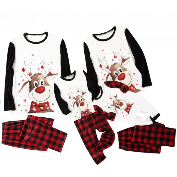 Christmas Family Matching Sleepwear Pajamas Sets Smile Cute Deer Tops And Red Plaids Pants