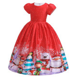 Girls Christmas Xmas Santa Snowman Snowflake Princess Holiday Short Sleeve Gown Dress