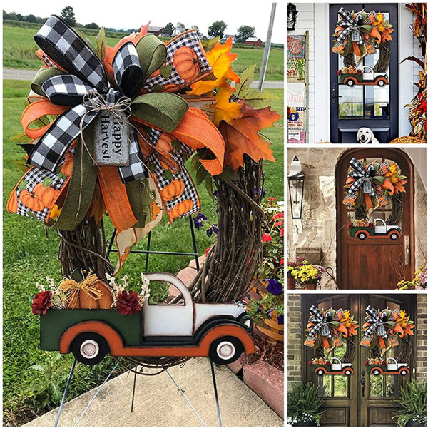Thanksgiving Day Farmhouse Pumpkin Truck Wreath Autumn Nature Decoration for Front Door Indoor Home Decor