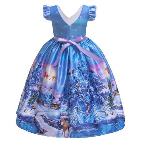 Girls Christmas Blue Santa Snowman Snowflake Princess Holiday Ruffles Sleeve Gown Dress