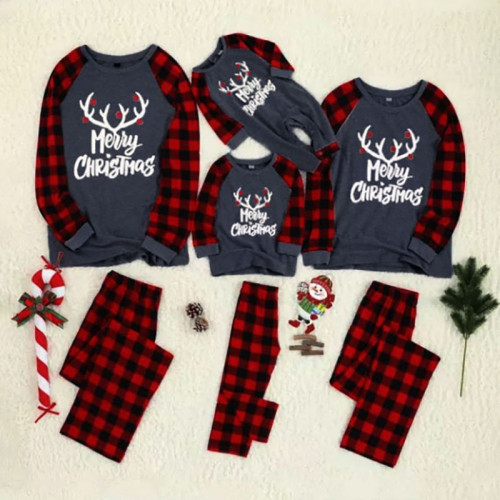 Plus Size Christmas Family Matching Sleepwear Pajamas Merry Christmas White Antlers Dark Grey Sets With Dog Cloth