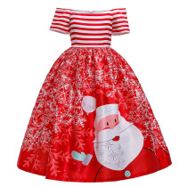Girls Christmas Dress Short Sleeve Santa Claus Striped Off The Shoulder Dress