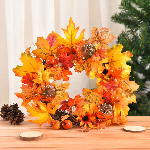 Thanksgiving Pumpkins and Maple Leaves Hang Door Wreath for Thanksgiving Day Front Door Indoor Home Decor