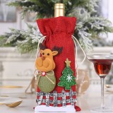 Christmas Linen Snow Cartoon Drawstring Wine Bottle Set Lattice Doll Wine Bottle Bag
